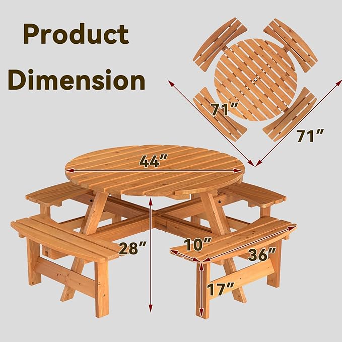Tangkula 8-Person Wood Picnic Table, Outdoor Round Table and Bench Set with 4 Built-in Benches, Umbrella Hole, Perfect for Outside, Patio, Garden, Backyard, Porch
