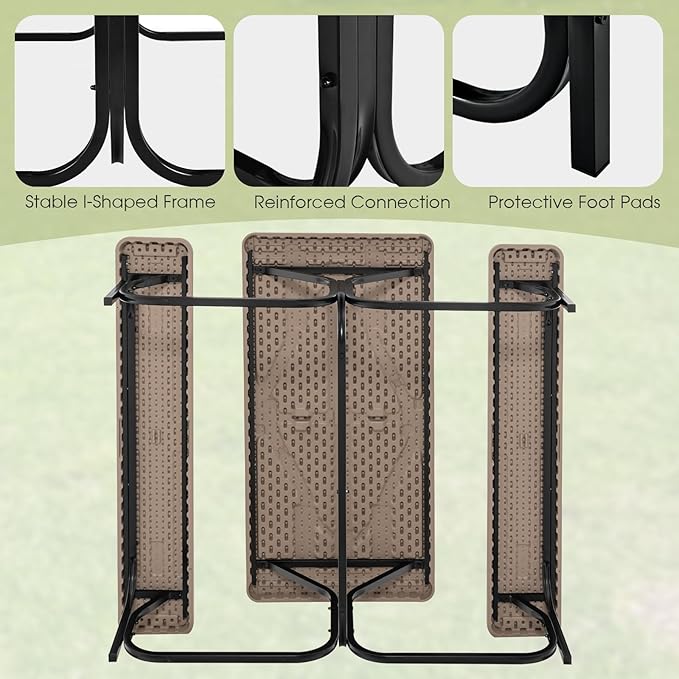 Moccha Picnic Table Bench Set, Portable Plastic Picnic Table w/Steel Frame & Wood-Like Texture, All Weather Heavy Duty Picnic Table Kit, Picnic Tables for Outdoors Garden Patio Dining (Light Brown)