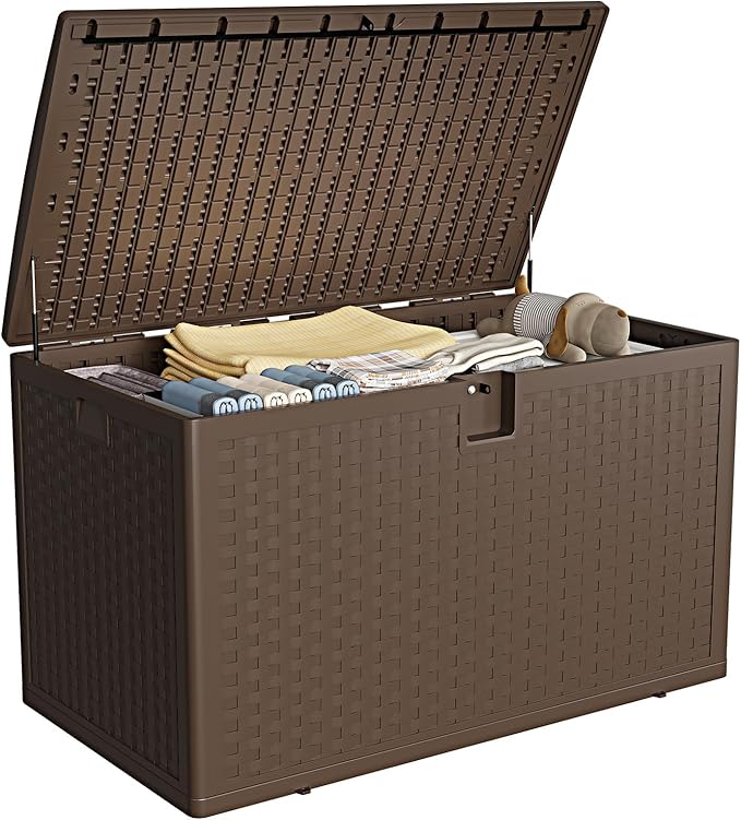 120 Gallon Outdoor Storage Box, Waterproof Deck Box, Lockable Storage Bin, Suitable for Patio Furniture, Pool Accessories, Gardening Tool, Rattan Brown