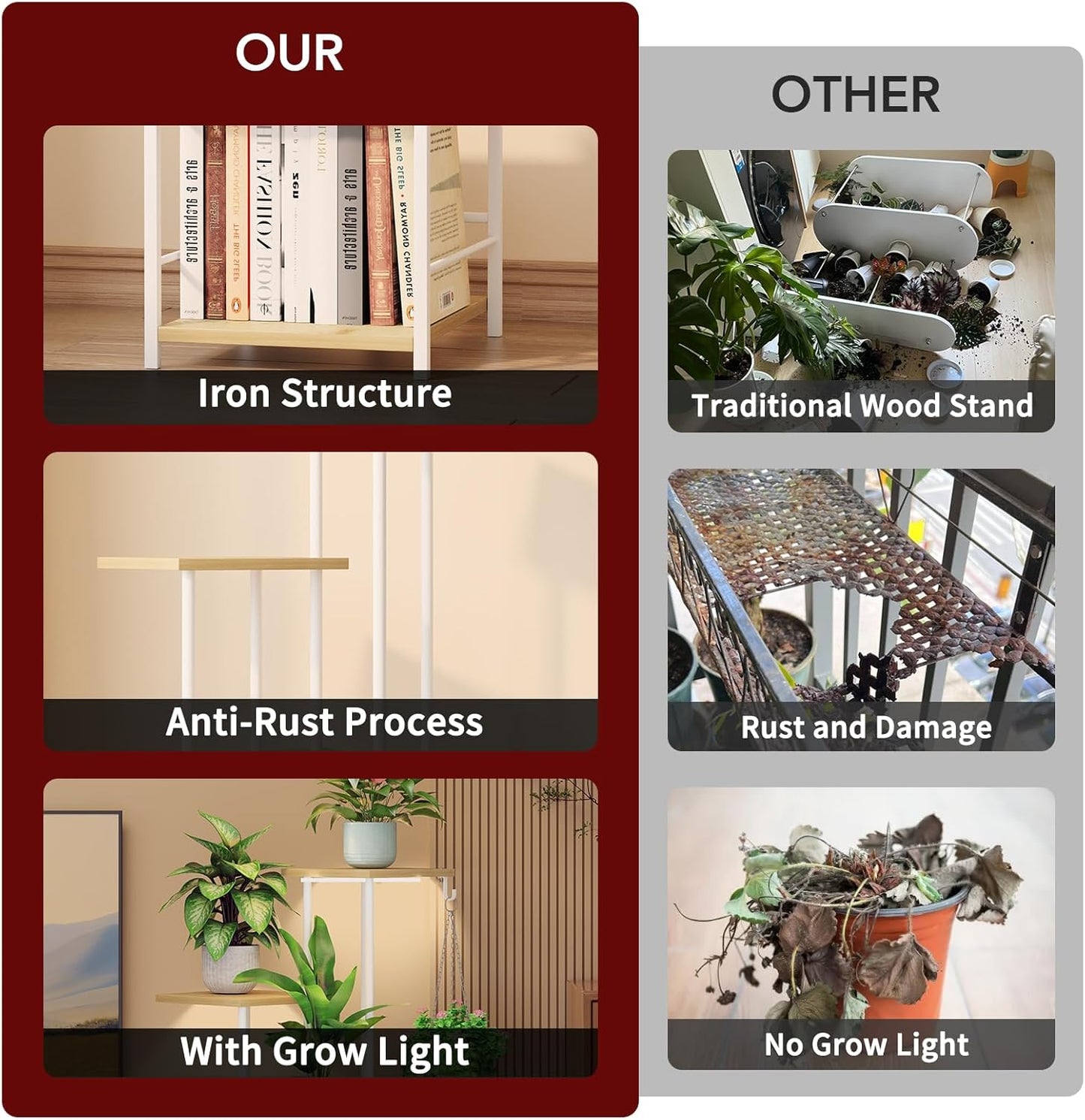 Plant Stand Indoor with Grow Light, 5-Tiered Tall Plant Stand Indoor, Metal Plant Shelf with Hanging Basket Hook and Adjustable Light, Ideal for Living Room, Garden, Patio (Maple)