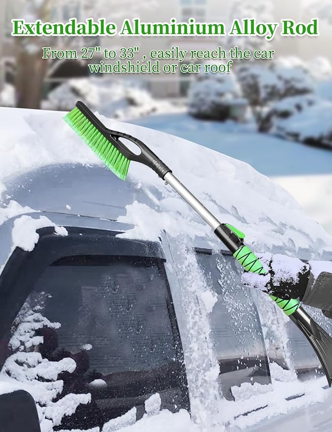 HEEYA Ice Scraper and Brush for Car, Extendable Snow Brush and Ice Scraper for Car Windshield Window, Car Snow Scraper and Brush with Foam Grip for SUV Truck Automobile Vehicle - Green