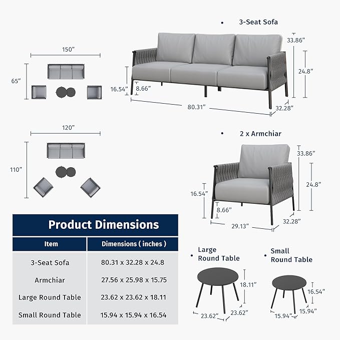 EAST OAK Patio Furniture Set 5 Pieces, Modern Outdoor Furniture 5 Seats Sofa with Two Round Coffee Table, Patio Conversation Set Deep Seating with Thick and Washable Cushions, Misty Grey2025