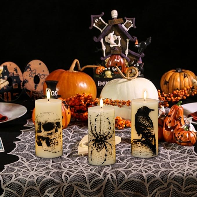 Eldnacele Halloween Flickering Candles Remote with Skull, Spider Web, Crow Raven Decals Set of 3, Battery Operated Halloween Themed LED Candles Horror Spooky Decoration