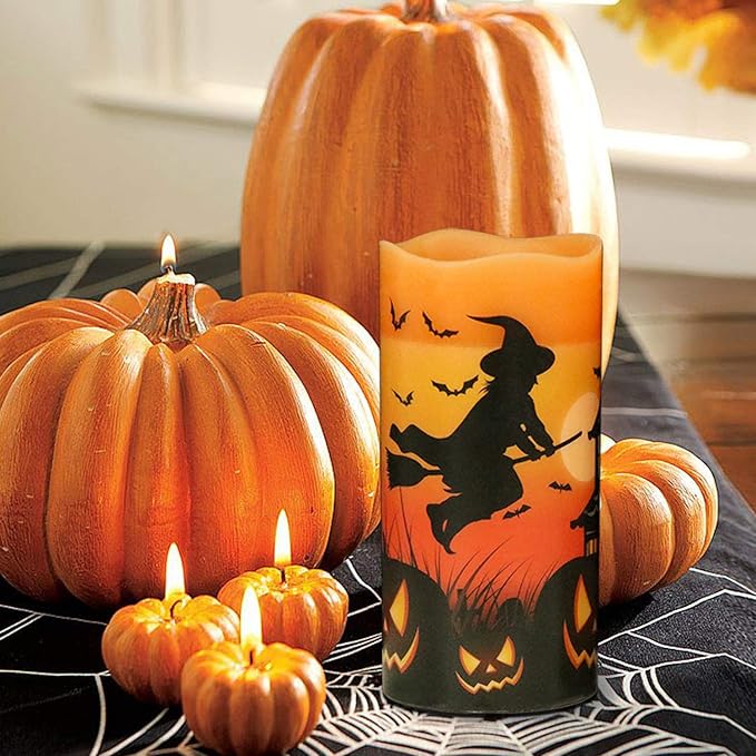 Eldnacele Halloween Flameless Flickering LED Candles with 6-Hour Timer, Battery Operated Wax Candles Assorted Decals Witch, Bats, Castle Set of 3 for Decoration