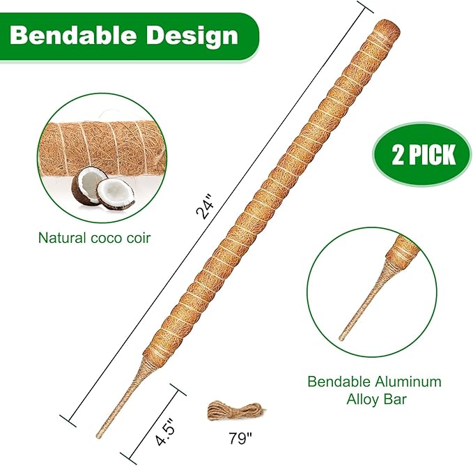 Joyhalo Bendable Moss Pole for Plants, 2 Pack 24 Inch Monstera Plant Support Stakes, Moss Poles for Climbing Plants with Jute Rope, Coco Coir Pole Indoor Plant