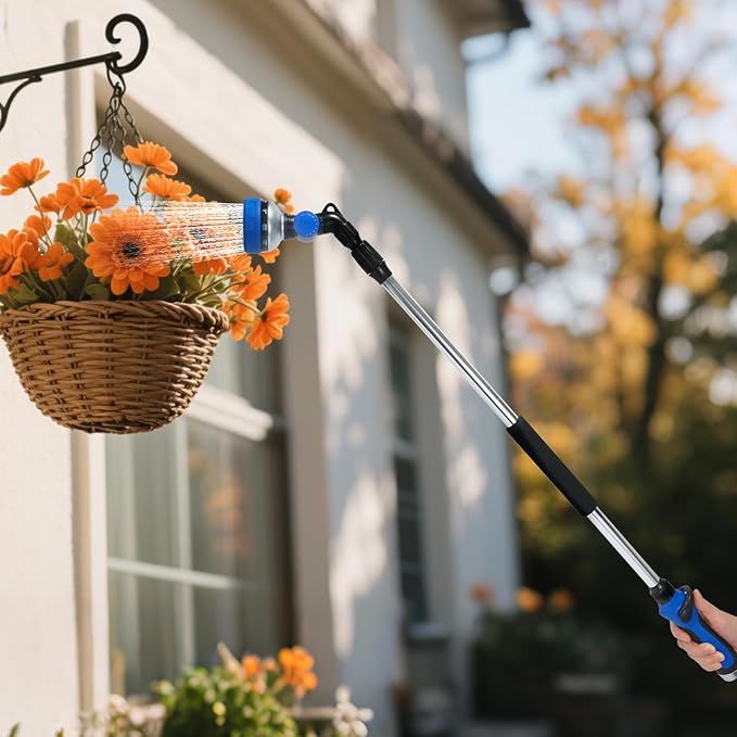 Telescoping Watering Wand for Garden Hose, 36”-54” Adjustable, 10 Spray Patterns, Heavy-Duty Hose Nozzle with Thumb Control & Pivoting Head, Ideal for Hanging Baskets and Shrubs, Blue