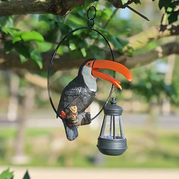 Solar Toucan Tree Hug Tree Decoration Hanging Garden Statue 12.5-inch Resin Tropical Animal Lawn Exotic Bird Sculpture for Lawn, Porch, Patio,Outdoors Decoration