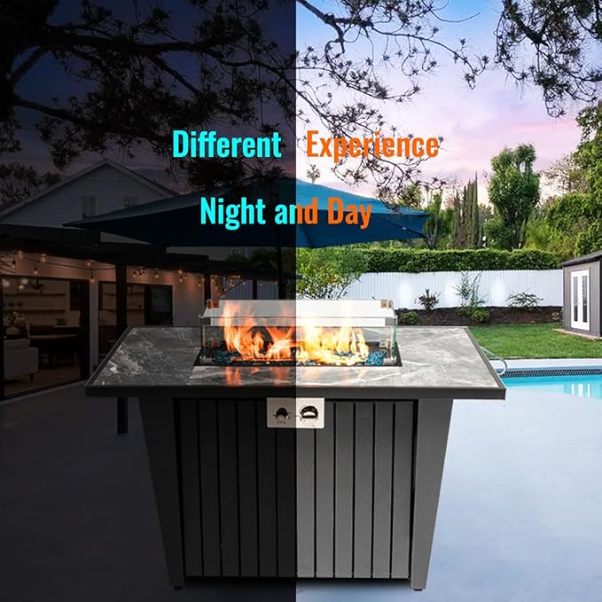 42'' Propane Fire Pit Table, Marble Tile Ceramic Tabletop with Glass Wind Guard, 50,000 BTU Fire Table, Inclined Leg and Art Powder Design, Blue Glass Rocks, Including Lid&Cover
