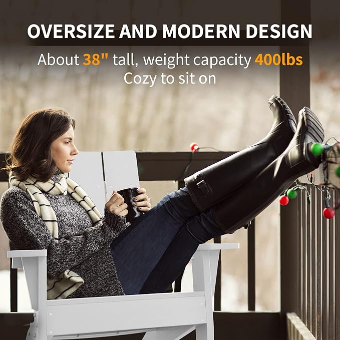 MXIMU Modern Adirondack Chair Weather Resistant with Cup Holder Oversized Fire Pit Chairs Adorondic Plastic Outdoor Chairs for Firepit Area Seating (White)