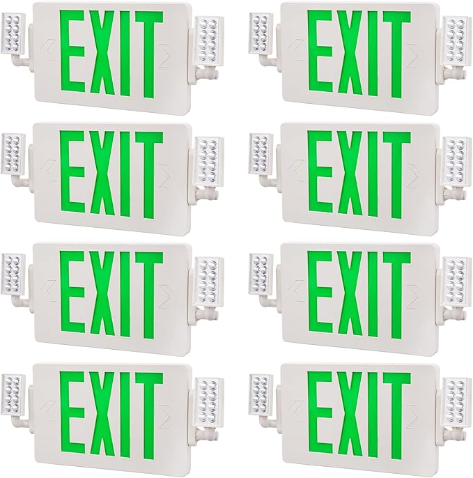 8 Pack LED Green EXIT Sign with Emergency Lighting with Battery Backup&Adjustable Two Head-US Standard-Hardwired-Exit Sign for Home Power Failure