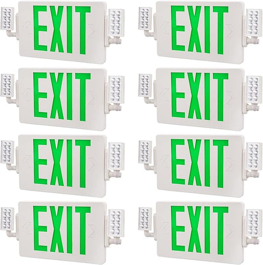 8 Pack LED Green EXIT Sign with Emergency Lighting with Battery Backup&Adjustable Two Head-US Standard-Hardwired-Exit Sign for Home Power Failure