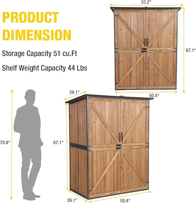 Aivituvin Outdoor Storage Shed with Floor, Garden Tool House with Metal Frame Structure, Large Wooden Cabinet with Adjustable Shelves for Backyard Garden Patio (Brown)