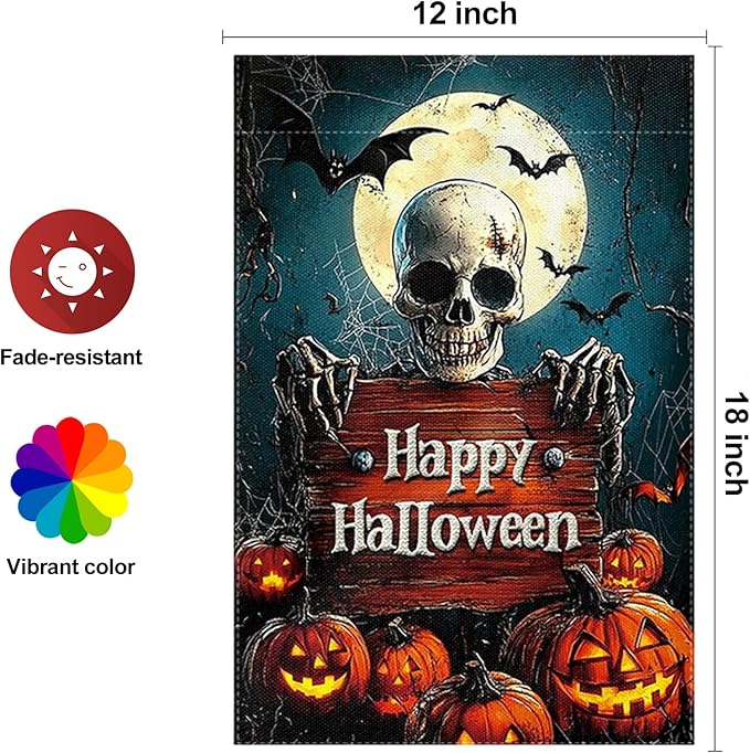 Halloween Garden Flag 12 x 18 Inch Double Sided Skeleton Pumpkin Designs Happy Halloween Fall Autumn Burlap Yard Flag for Outside Rustic Yard Outdoor Holiday Home Decoration