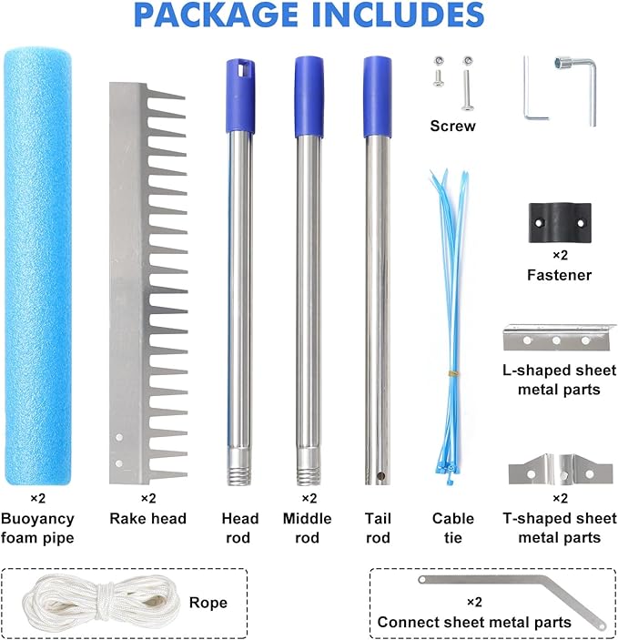 Landscape Rake, 60 Inch Adjustable Lightweight Pond Rake 36" Width Aluminum for Removing Weeds, Leaves, Beautifying Coastlines and Beaches