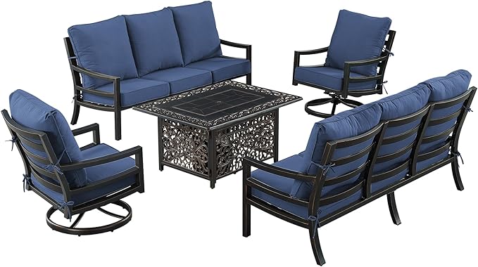 Oakland Living Black Aluminum Patio Fire Table Set with Two Deep Seating Sofa with Cushions and Two Club Chairs with Blue Cushions