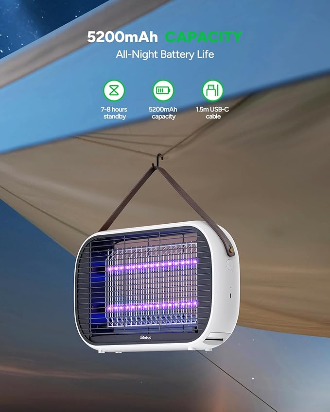 Buzbug LED Bug Zapper Outdoor Indoor, 10 Years Lifespan Lamp, Rechargeable 5200mAh Battery, Portable Camping Fruit Fly Mosquito Moth Gnat Wasp Trap, Killer, Zapper -MA015C (White)