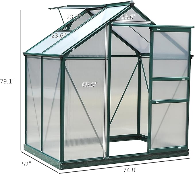 Outsunny 6' x 4' Greenhouse for Outdoors, Polycarbonate Greenhouse with Rain Gutter and Roof Vent, Aluminum Walk-in Green Houses for Outside for Patio Backyard Garden, Dark Green