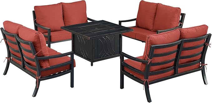 Oakland Living Black Aluminum Patio Fire Table Set with Four Deep Seating Loveseat with Cushions with Red Cushions