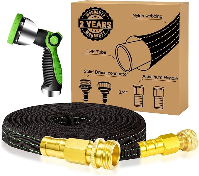 30FT Lightweight Garden Hose,Flexible Water Hose with Solid Brass Head,Kink-Free,Collapsible Hose,High Pressure Flat Water Hose for RV,Boat,Car Wash,Garden,Yard,Camper (GreenBlack, 30FT+Nozzle)