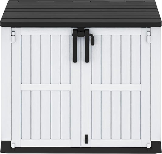 DWVO 36 cu ft Tool Storage Shed, Storage for Bakcyard, Patio, and Garden, Resin Plastic Shed with Sloped Lid, Lockable Door, and Wood Grain Finish, Light Gray