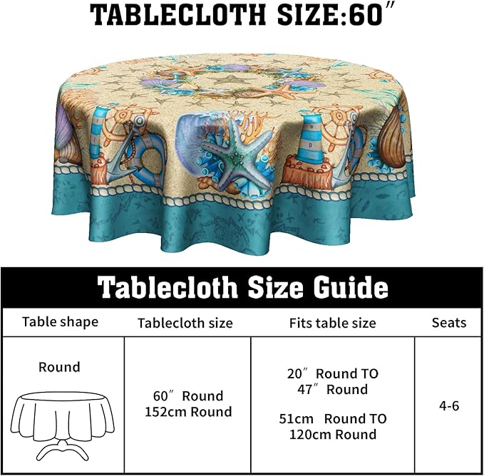 Giwawa Summer Beach Tablecloth Round 60 Inch, Shell Coastal Wreath Sea Theme Waterproof Fabric Circular Table Cloth Cover for Home Kitchen Dining Patio Picnic Party Decor