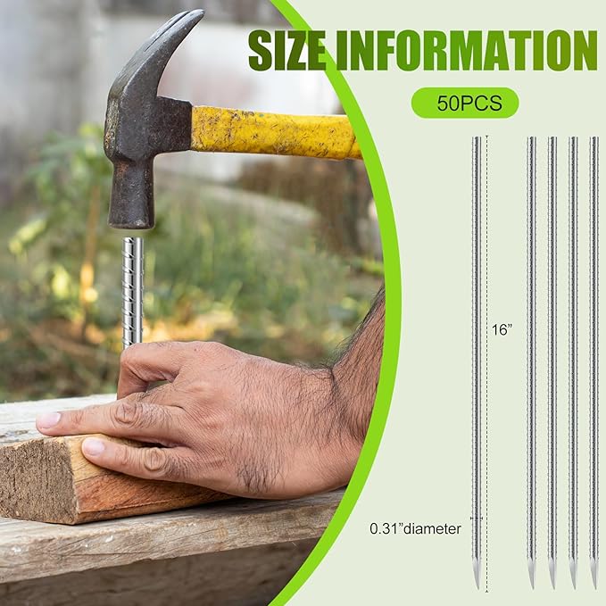 Gisafai 50 Pcs 16 Inch Ground Rebar Stakes Heavy Duty Ground Anchors Steel Plant Support Garden Stake Long Straight Metal Spikes with Chisel Point End for Concrete Timber Garden Plant Tent