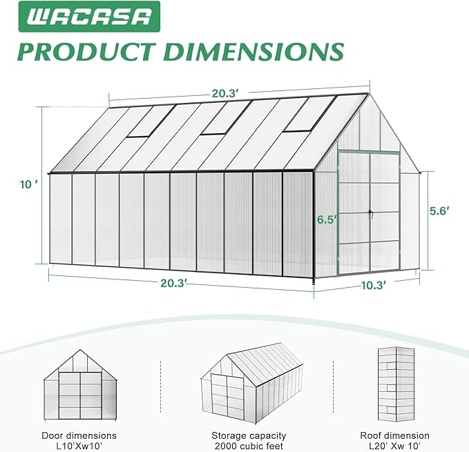 10'x10'x20' Snap-Together Greenhouse - Easy 3-Way Connectors, Heavy-Duty Aluminum Frame, Wind/Snow Resistant for Gardening/Urban Farming, Includes Sliding Door & Ventilation Windows