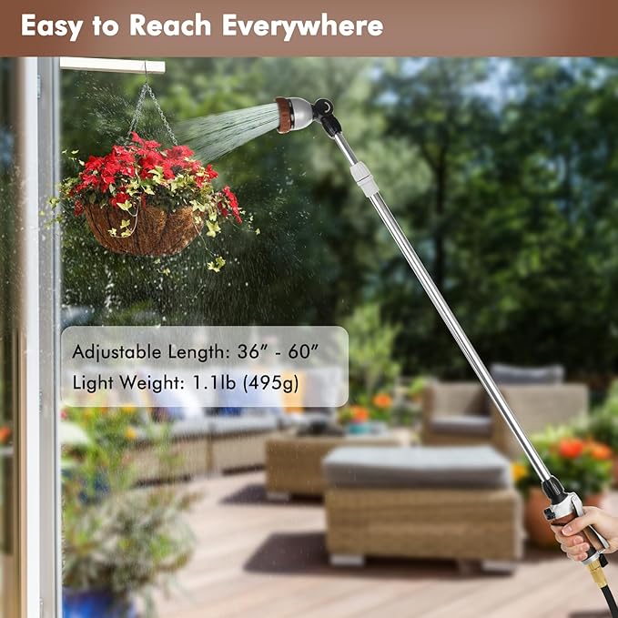RESTMO 36”-60” Metal Watering Wand, Long Telescopic Tube | 180° Adjustable Ratcheting Head | 7 Spray Patterns | Flow Control, Garden Hose Sprayer to Water Hanging Baskets, Shrubs, Brown
