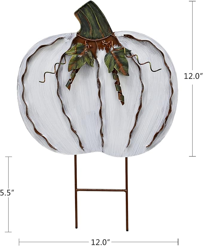Morning View Pumpkin Garden Stakes Metal Yard Sign Fall Decor Outdoor Autumn Yard Stake Art Pumpkin Lawn Ornaments for Patio Porch Thanksgiving Halloween Harvest 17.5 Inches Tall Set of 2 (White)