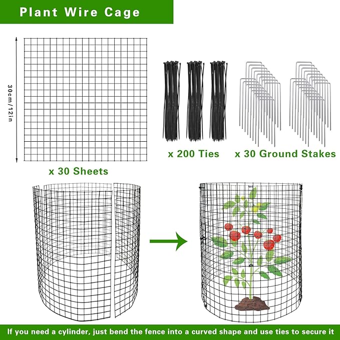 30Pcs 10 Pack Wire Plant Protectors Circle Wire Plant Cages Mesh Plant Cage Chicken Wire Cloche with 30 Ground Stakes and 200 Ties Protect Plants, Garden,Shrubs and Vegetables from Animals, 12x12 inch