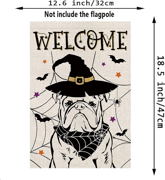 Halloween Garden Flag English Bulldog Cobweb Bats Double Sided Vertical Welcome Flag Holiday Outdoor Yard Lawn Decorations 12.5 x 18 Inch