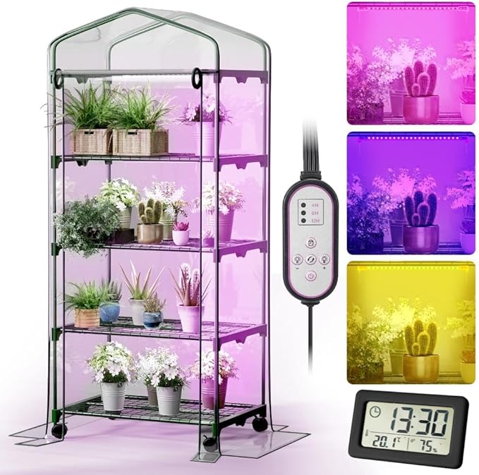 Indoor Greenhouse with Grow Lights & Wheels, 4 Tier Wire Shelf PVC Tent Portable Mini Green House Cabinet Kit for Plant Seed Starting