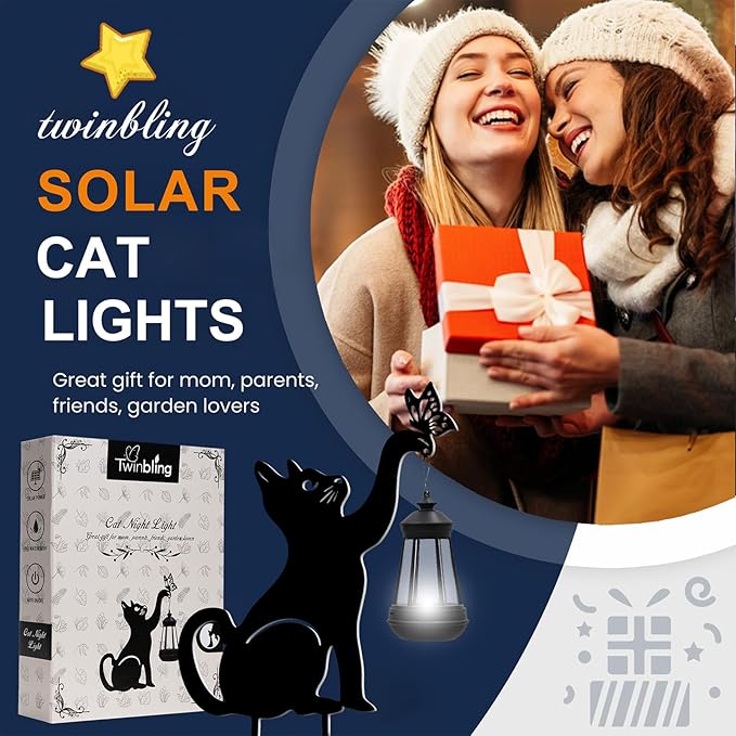 2PC Solar Lights Outdoor Garden Decor - Black Cat Figurine Light Stake with Butterfly Decorative Metal Housewarming Ornament for Yard Pathway Lawn Patio – Unique Gift Ideas for Christmas