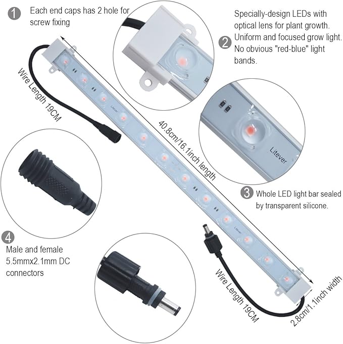 Grow Light Strip Kit 45W, 4 pcs 16 Inches LED Grow Light Strips with Extension Cables, Mounting Accessories for Greenhouse, Grow Shelf. Perfect for Indoor Growing-(4-Strip-Kit)
