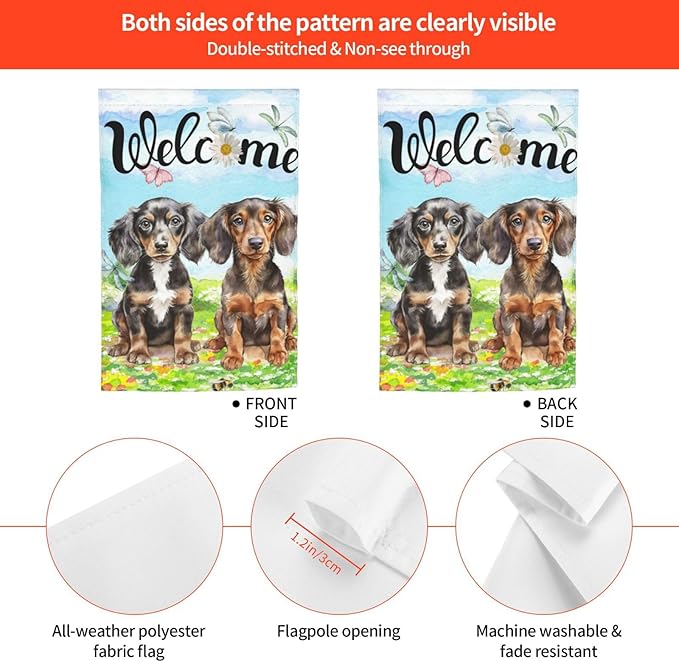 Cute Dachshund Dog Puppy Lovers Spring Flowers Florals Garden Flag Welcome Party Outdoor Outside Decorations Picks Home House Garden Yard Decor 12x18 Inch