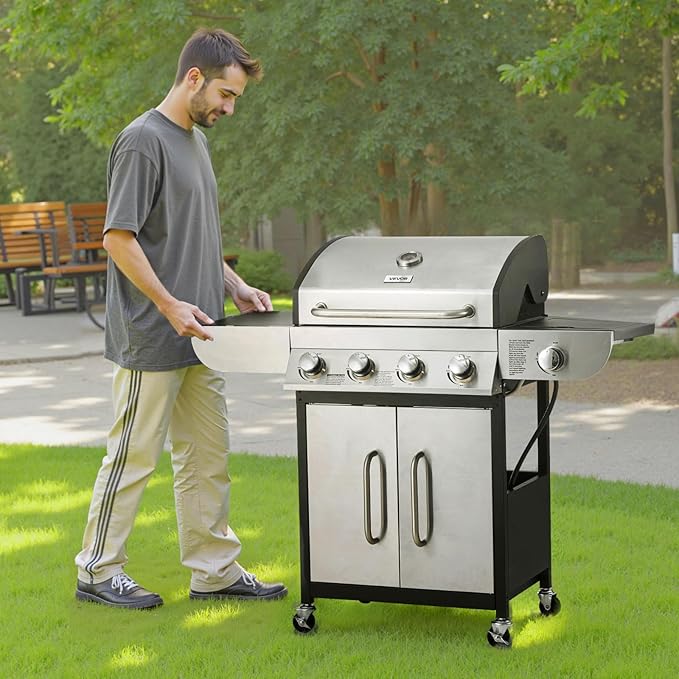 VEVOR Gas Grill, 4 Burner Propane Gas Grill with Side Burner, 425 SQ.In Grilling Area, Carbon Steel Enamel Grates, Outdoor 52,000 BTU Patio Garden BBQ Grills with Two Side Shelves, Stainless Steel