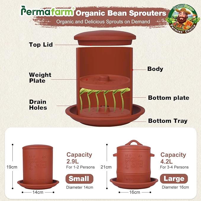 Permafarm® Organic Bean Sprouter, Natural Earthen-Clay Mung Bean Sprouter, Sprouts Growing Kit for Soybeans, Broccoli, Alfalfa & More | Lead-Free, Cadmium-Free (Small Size for Individuals or Couples)