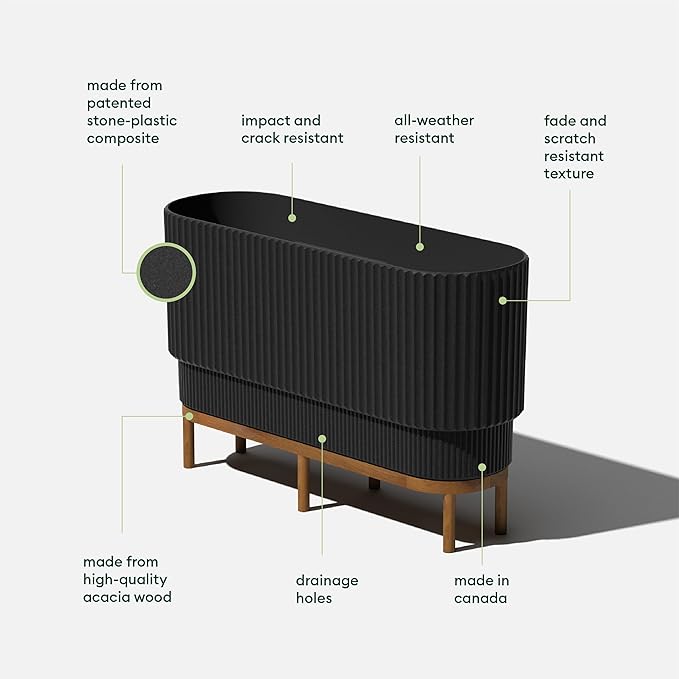Veradek Demi Series Raised Long Planter for Indoor/Outdoor Use | Made from Plastic & Stone w/Wooden Stand | Modern Patio Décor for Flowers/Shrubs