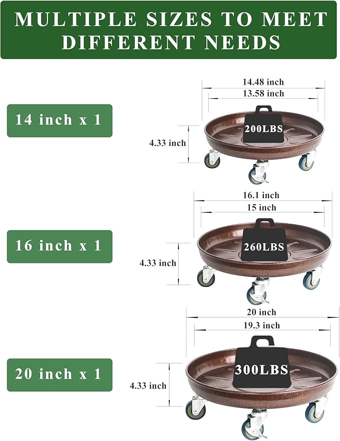 Metal Heavy Duty Plant Caddy Round Flower Pot Mover, 3 Pack Mixed of 14", 16" and 20" Rolling Plant Stand with Wheels, Indoor Outdoor Plant Dolly with Casters Planter Tray, Bronze