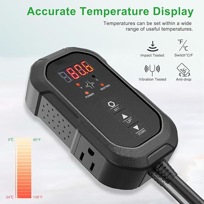 Digital Thermostat Controller 40-108℉ 8.3A 1000W,Thermostat Controller for Seed Germination, Reptiles and Brewing Breeding Incubation Greenhouse (Thermostat)