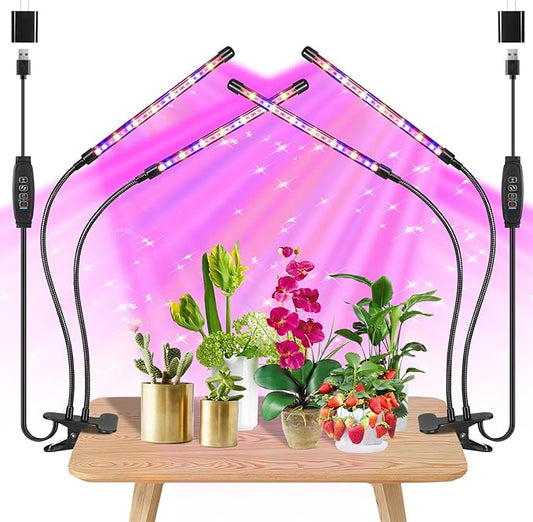 Black 2-Tube Clip-On Grow Light with Red/Blue/Yellow LEDs, Full Spectrum, 6/12/16H Timer, 3 Modes & 10 Dimmable Levels, for Indoor Plants (8W) (2 Pack)