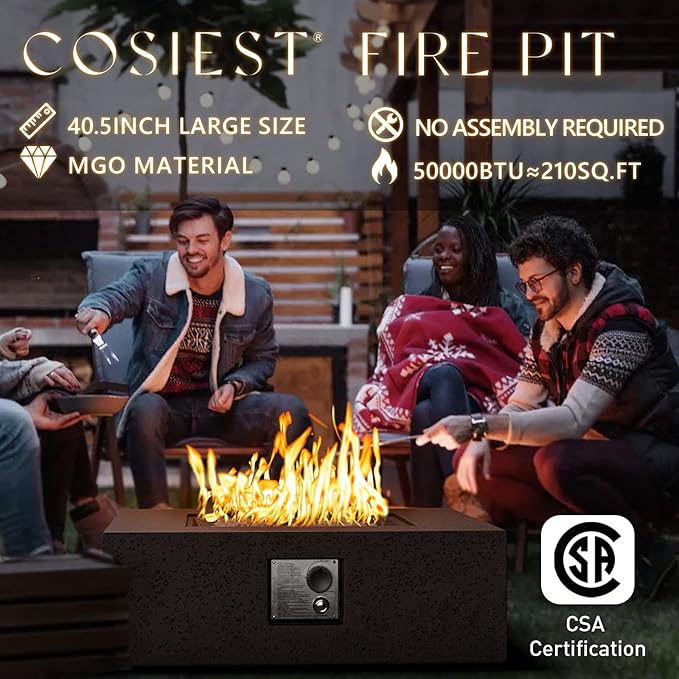 COSIEST Outdoor Propane Fire Pit Coffee Table w Square Faux Stone 35-inch Base, 50,000 BTU Stainless Steel Burner, Free Lava Rocks and Rain Cover, Brown