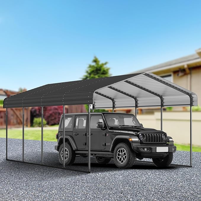 12x20 FT Metal Carport, Heavy Duty Car Port Canopy with Galvanized Steel Roof & Frame, Large Metal Carport Kit, Outdoor Car Garage, Steel Car Shelter for Car, Boat, Truck, Black