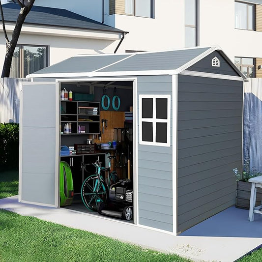 8x6 FT Resin Storage Sheds Outdoor with Floor, 2 Windows & Lockable Door Storage Shed - Waterproof Garden Tool Shed, Patio & Backyard Tool Storage Cabinet Use - Gray