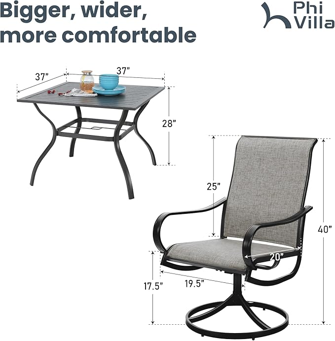 PHI VILLA 5 Piece Patio Dining Set Clearance with 4 Swivel Dining Chairs & 1 Square Metal Dining Table with 1.57 inches Hole, for Outdoor Kitchen Lawn & Garden Black Coated