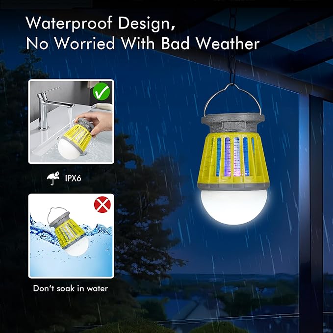 Solar Bug Zapper Outdoor Waterproof, Portable Mosquito Zapper, 2-in-1 Cordless & Rechargeable Bug Zapper with LED Light for Home, Camping, Patio, Yard, Pool (Green
