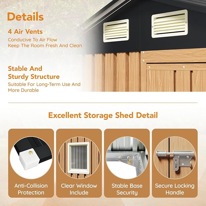 6X4FT Garden Storage Shed with Lockable Door,Steel Tool Shed with 1 Clear Window, Anti-Corrosion Metal Shed for Backyard Patio Lawn (Light Wood Grain)