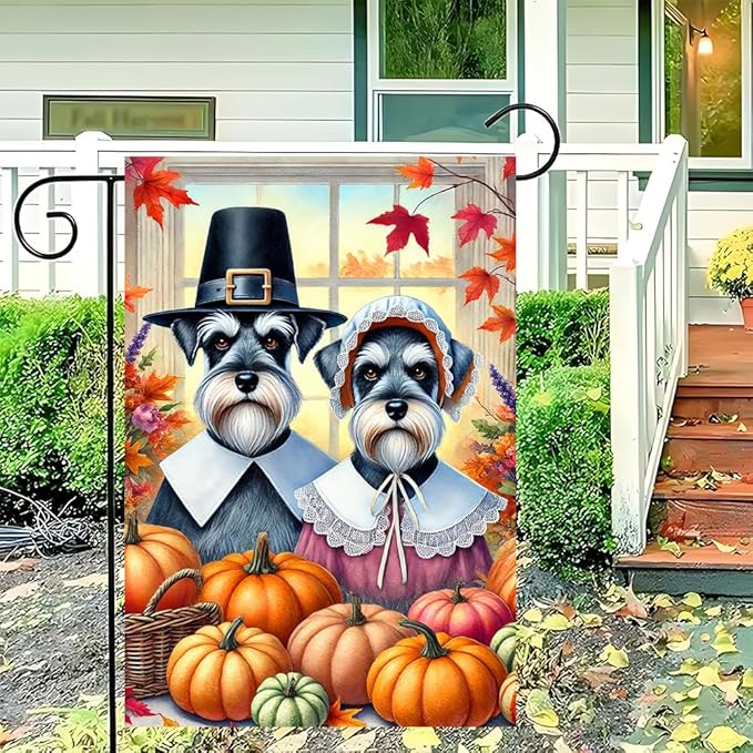 Thanksgiving Fall Decor Garden Flag Double Sided Autumn Leaves and Pumpkins Welcome Outdoor Decoration 12 x 18 Inch Dog Couple