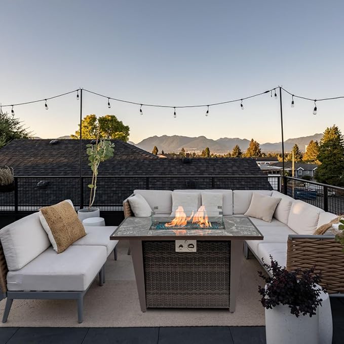 42'' Propane Fire Pit Table, Marble Tile Ceramic Tabletop with Glass Wind Guard, 50,000 BTU Fire Table with Inclined Leg and Art Powder Design, Blue Glass Rocks, Including Lid&Cover, Brown