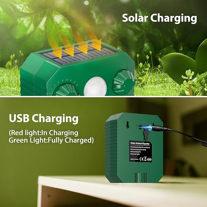 1 Pack Solar Deer Cat Repellent Device Outdoor Bird Squirrel Deterrent with Motion Activated Sensor Ultrasonic Flashing Light to Scare Rats Chipmunk Raccoon Away from Yard Lawn - Waterproof